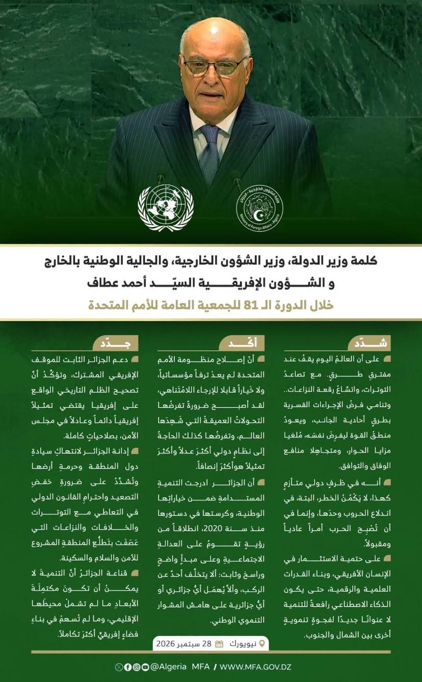 Allocution du Ministre d’État, M. Ahmed Attaf, lors du débat général de la 81e session de l’Assemblée générale des Nations Unies